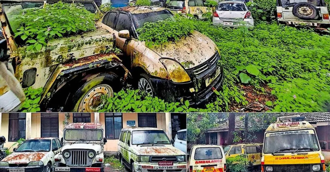 Rusting government vehicles await disposal inside the Malappuram Civil Station. Photo: Special arrangement