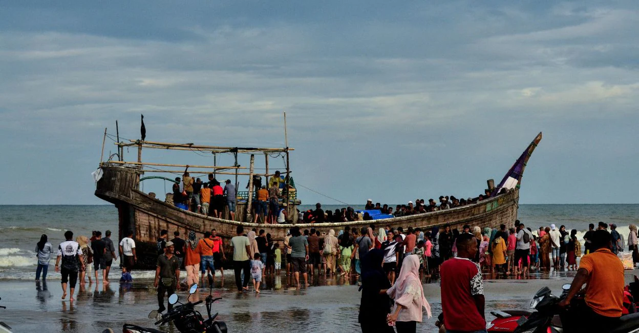 For representational purpose only.  A boat carrying Rohingya refugees at Leuge Beach in Indonesia's Aceh province on January 29, 2025. Photo: AFP