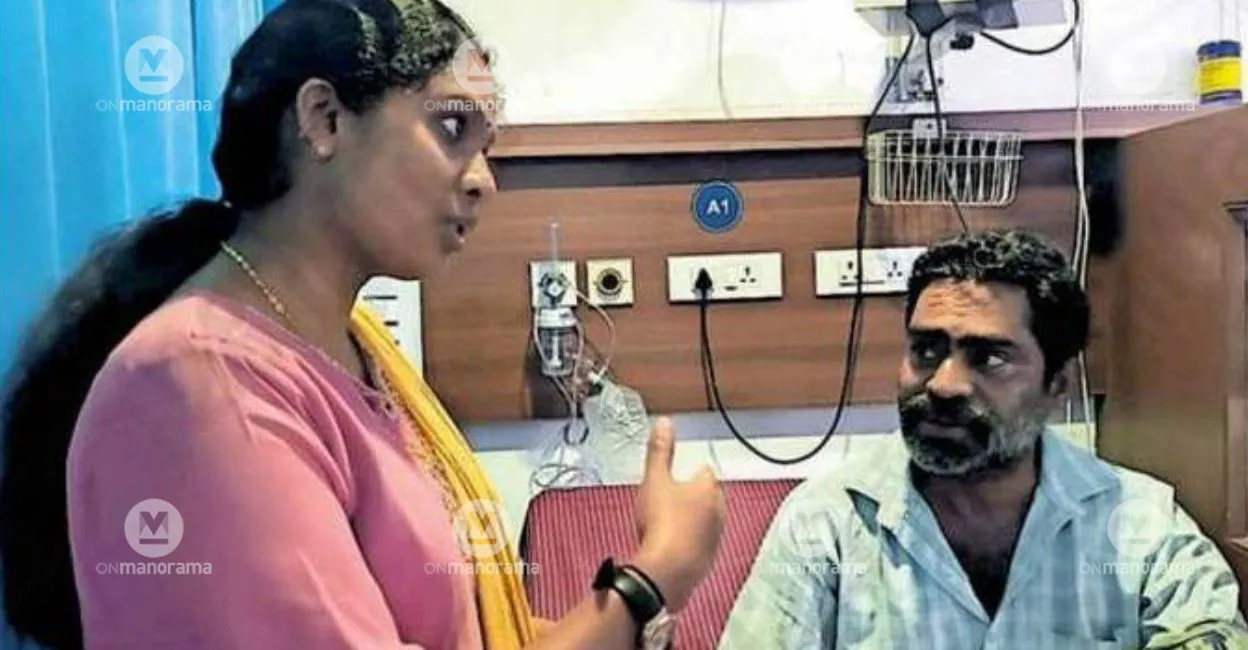 Nurse Athira with lorry driver Shajahan at Iqra Hospital, Bathery, where he is recovering after surviving a heart attack. Photo: Special Arrangement