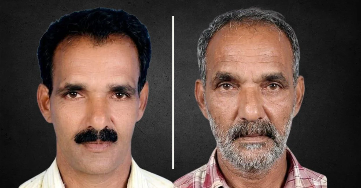C H Ashraf in an old photograph (left) and after being taken into custody by Kannur City Police nearly 25 years after the 2001 murder case (right). Photos: Special Arrangement.