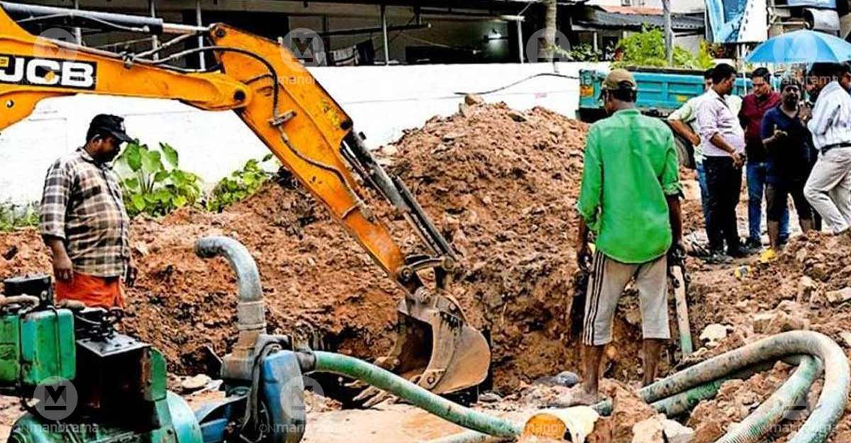 The site where a pipeline was repaired after it burst at Thrikkakara pipeline junction is being levelled. Photo: Special arrangement