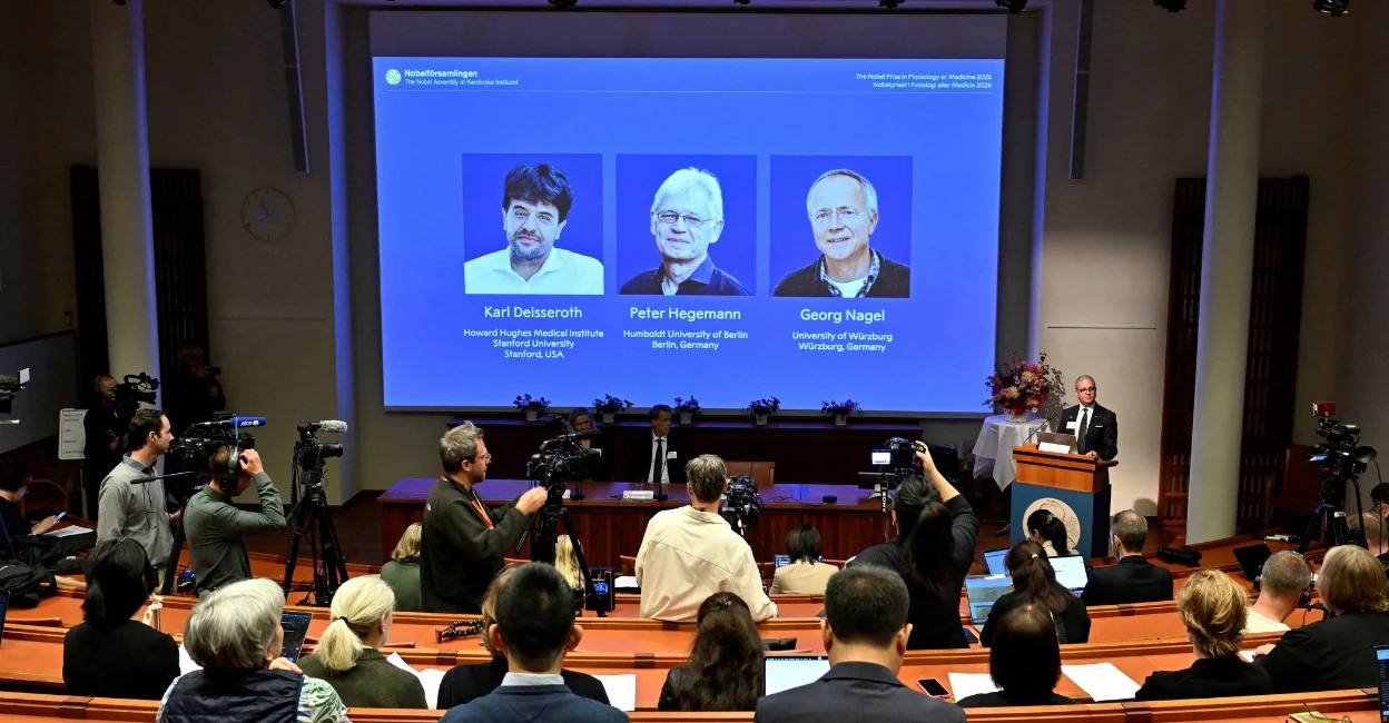 Karl Deisseroth, Peter Hegemann and Georg Nagel are awarded the 2026 Nobel Prize in Physiology or Medicine, as announced during a press conference at the Nobel Forum at Karolinska Institute in Stockholm, Sweden. Photo: TT News Agency/Pontus Lundahl/via Reuters