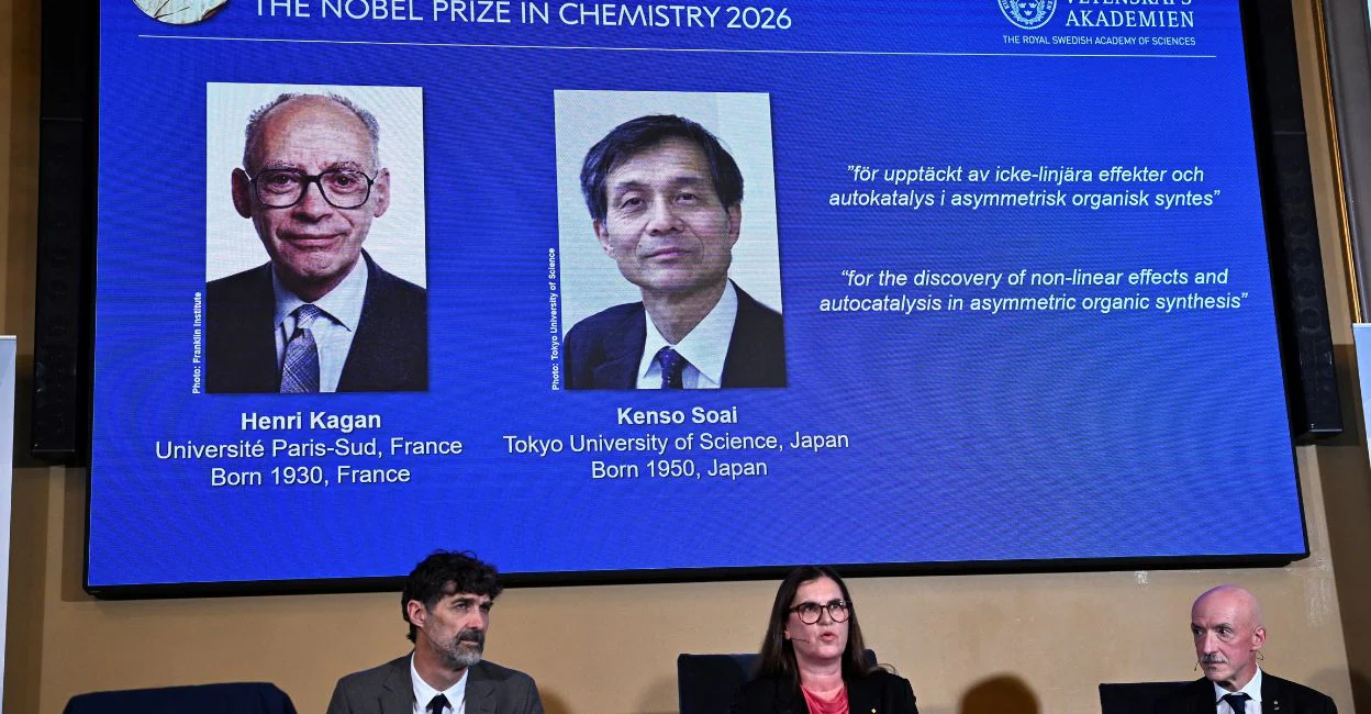 Henri Kagan and Kenso Soai are awarded the 2026 Nobel Prize in Chemistry during a press conference at the Royal Swedish Academy of Sciences in Stockholm, Sweden, October 7, 2026. Photo: Reuters.